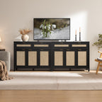 SICOTAS Rattan Sideboard Buffet Cabinet with Storage, Boho Credenza Accent Cabinet with 3 Doors and 2 Drawers, Farmhouse Console Coffee Bar for Kitchen, Living Room, and Entryway, Black Oak