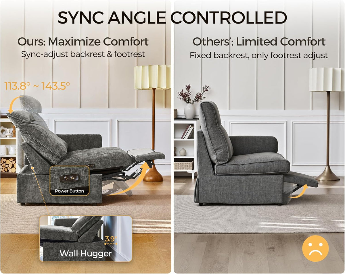 Oversized Modular Power Recliner Sofa Wall Hugger, Cloud Reclining Couch with Headrest, Storage Ottoman, Drawer Charging Cup Holder, Deep L-Shaped 6 Seater with Dual Electric Recliner, Chenille, Grey