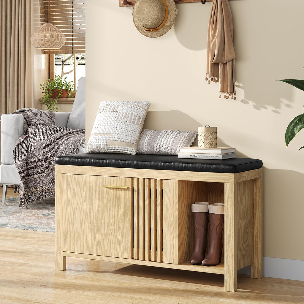UNIQUITE 40" Shoe Storage Bench with Flip Drawers & Padded Seat Cushion, Open Compartments & Slatted Doors, Entryway Bench with Shoe Storage for Entryway, Hallway, Living Room, Bedroom, Natural