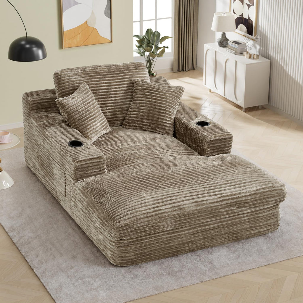 49" x 76" Corduroy Chaise Lounge, Cup Holders, Camel | Super-oversized corduroy chaise with deep sleeper seating and built-in cup holders for reading, lounging rest.