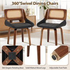 AVAWING Swivel Dining Chairs Set of 4, Mid Century Modern Dining Room Chairs with Cane Back & Leather Seat, Upholstered Rattan Chairs with Walnut Bentwood Frame & Adjustable Foot Pads, Black