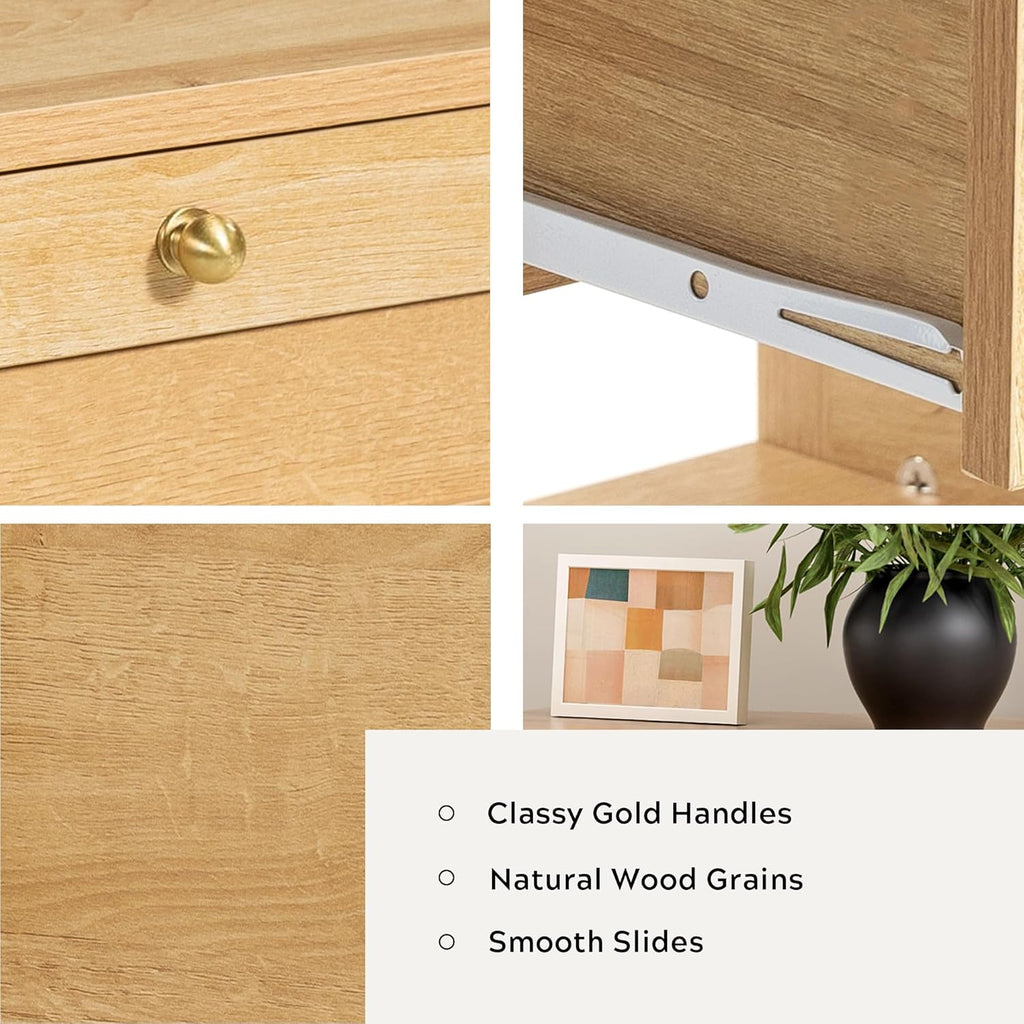 End Table with 2 Drawers, Farmhouse Nightstand with Open Shelf, Modern Bedside Cabinet Side Table Night Stand for Bedroom, Living Room, Natural Oak
