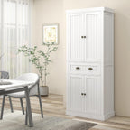 72" Farmhouse Kitchen Pantry Cabinet, Freestanding Tall Storage Cabinet with 4 Soft-Close Doors, 2 Adjustable Shelves and Drawer for Dining Room, Distressed White