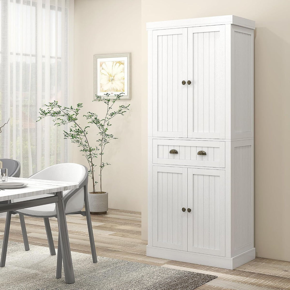 72" Farmhouse Kitchen Pantry Cabinet, Freestanding Tall Storage Cabinet with 4 Soft-Close Doors, 2 Adjustable Shelves and Drawer for Dining Room, Distressed White