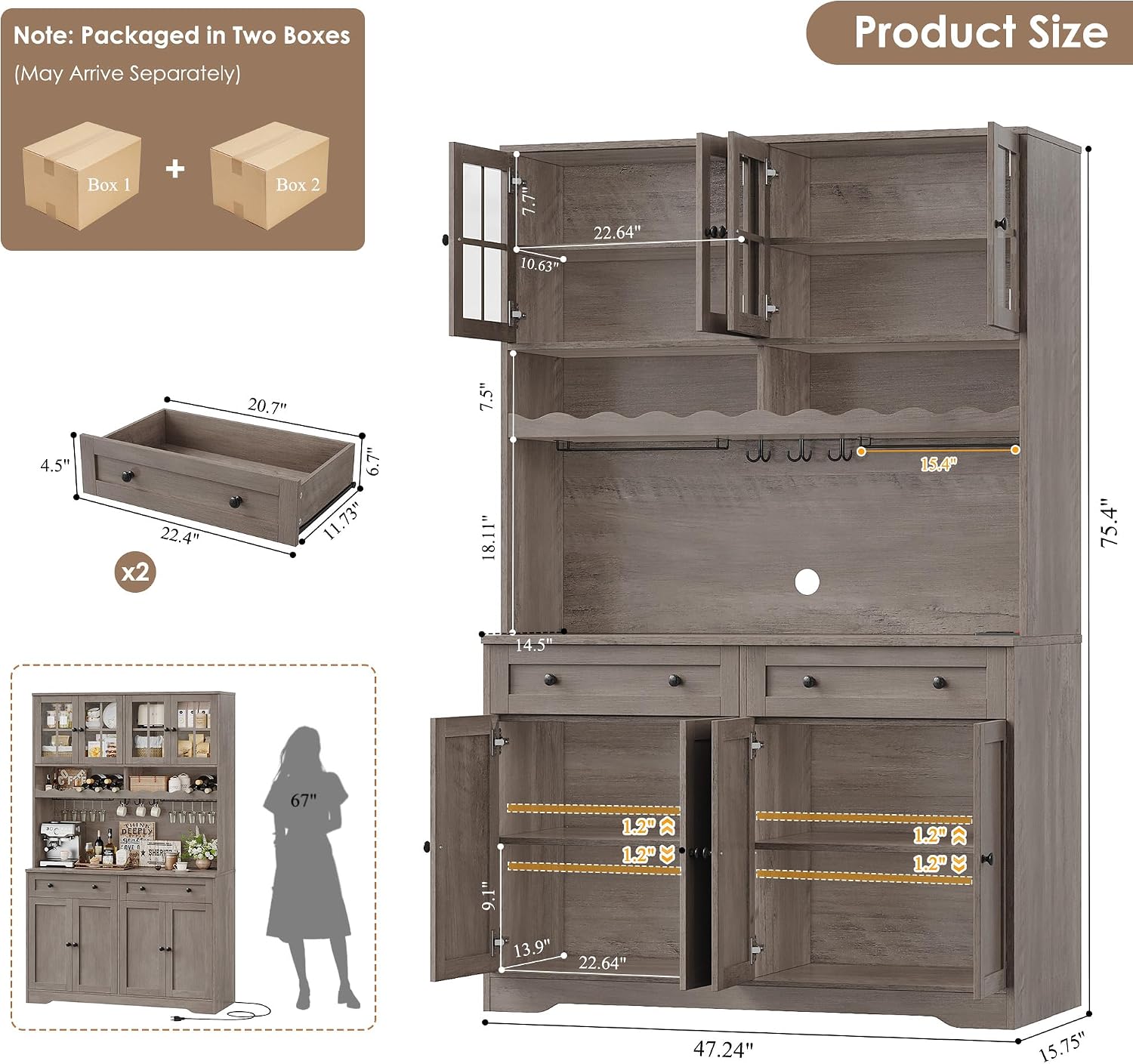 HOSTACK Kitchen Pantry Storage Cabinet, Coffee Bar Hutch Cabinet, Ash Gray | 75.4" Tall Pantry Cabinet with Charging Station / Countertop / Glass Doors / Wine Rack / Cup Holder / Drawers, Dining Room