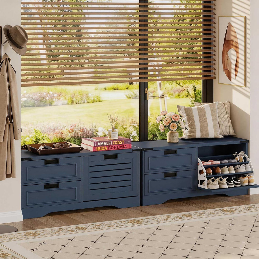 FATORRI 41 Inch Storage Bench, Industrial Shoe Bench for Entryway, End of Bed Bench and Window Bench for Living Room, Bedroom and Mudroom (Blue)