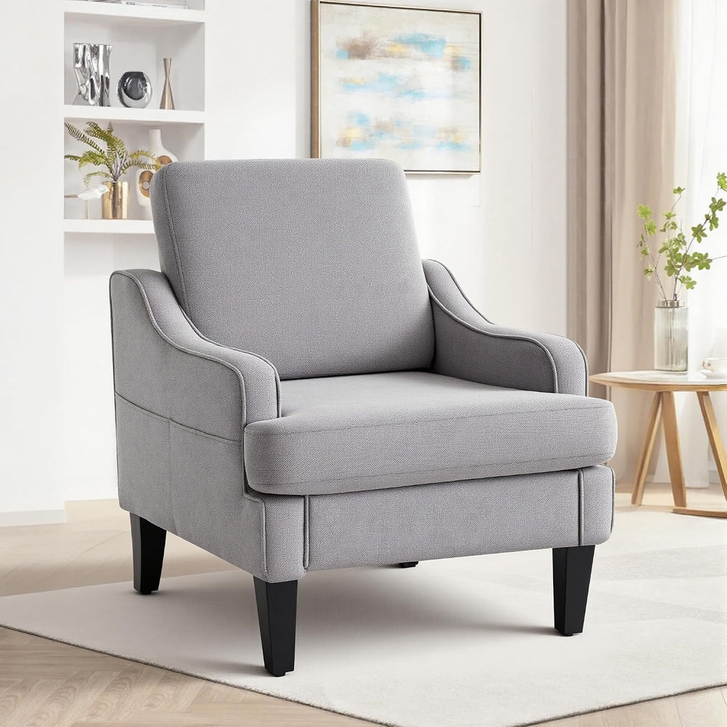 Mid-Century Accent Chair, Comfy Arm Chair Upholstered Living Room Chair for Bedroom, Fabric Reading Chair with Wood Legs for Apartment, Waiting Room, Vanity Room (Gray)