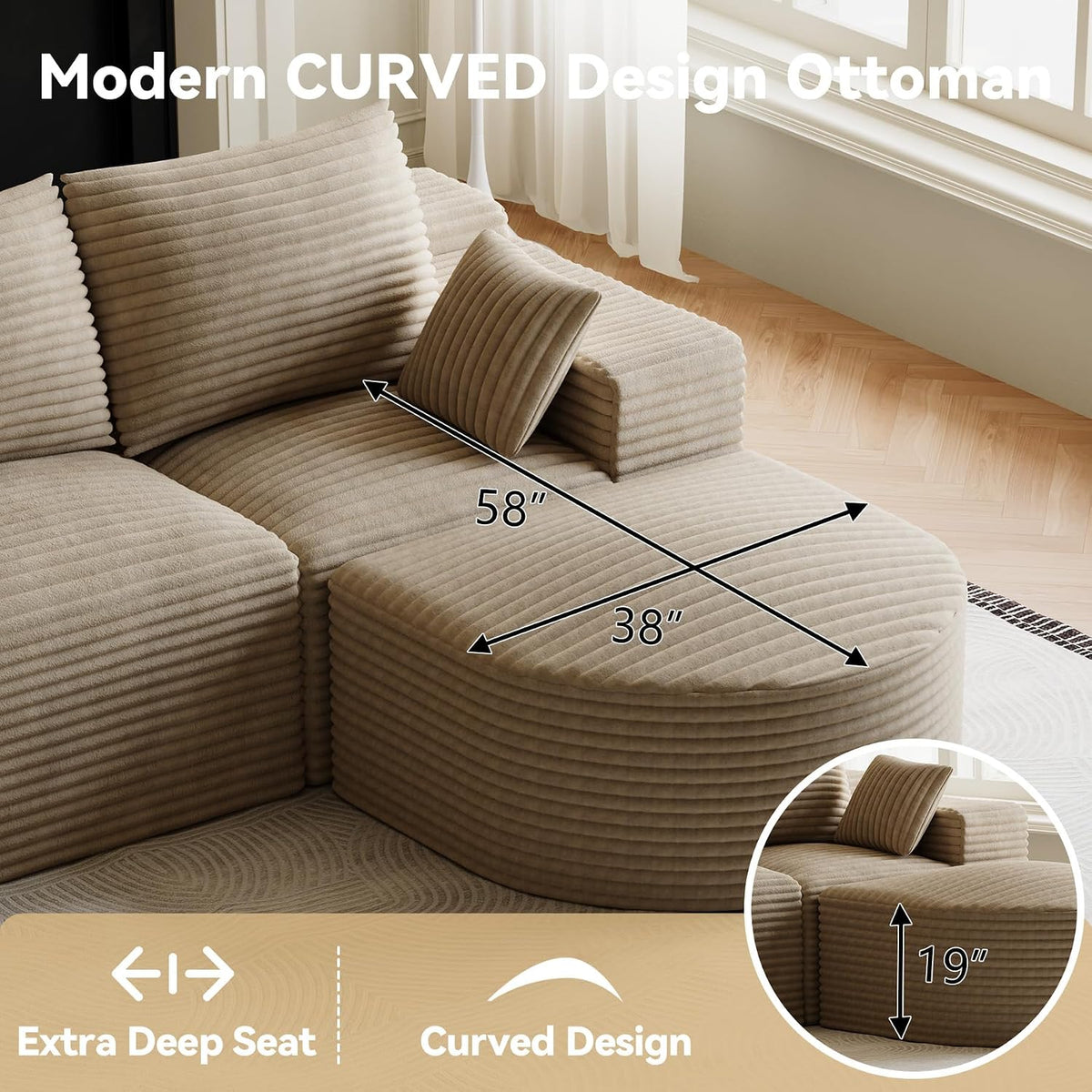 108" U-Shaped Couches for Living Room,Comfy Fluffy Cloud Sectional Couch with Curved Ottoman, Modern Plush Corduroy Deep Seat Modular Sectional Sofa for Small Spaces, Light Brown