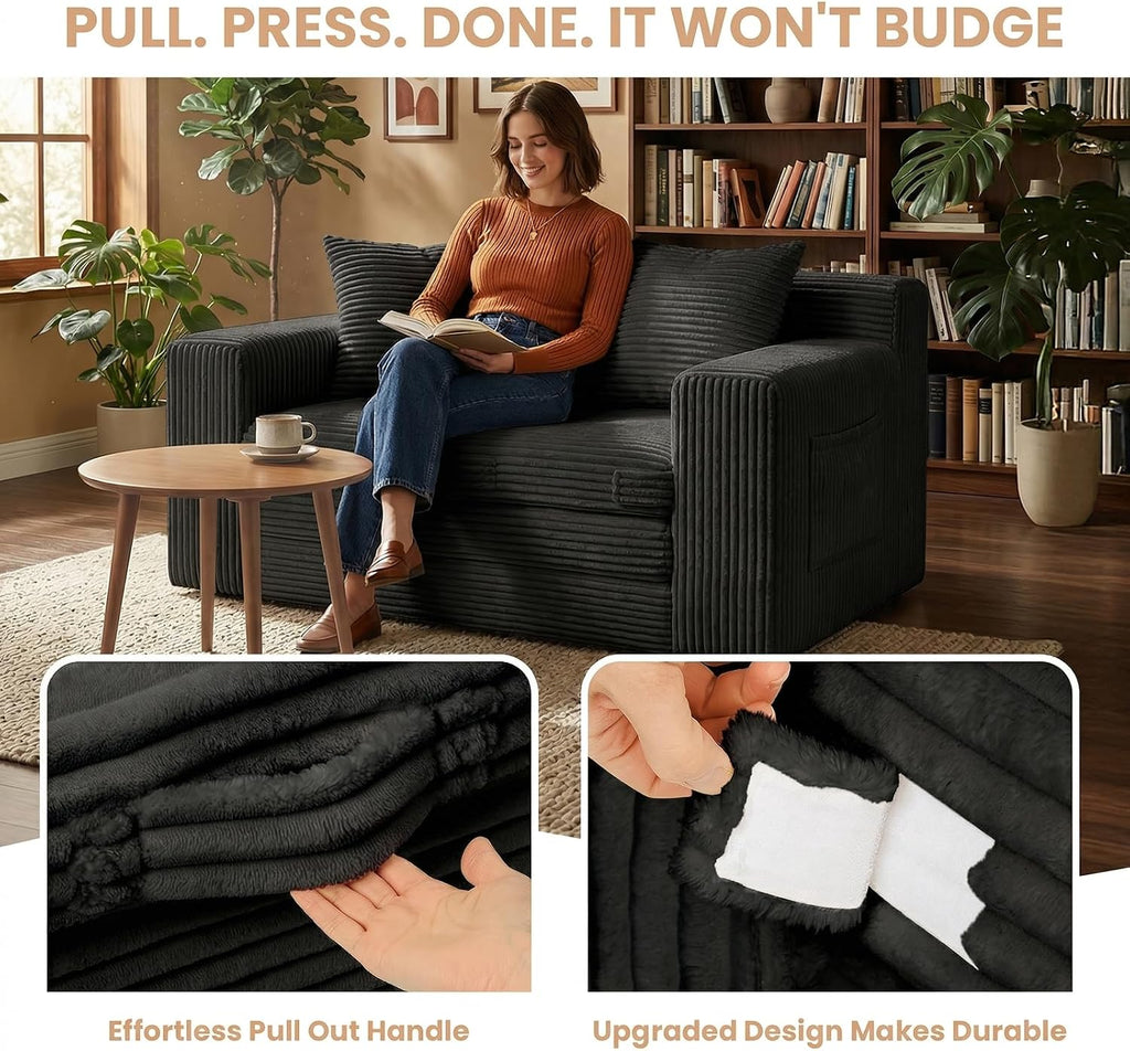 Loveseat Sofa Bed, Tri-Folding Convertible Futon Sleeper with Handle & Side Pockets, 54'' Couch with Hook and Loop No Assembly for Small Space,Living Room & Bedroom