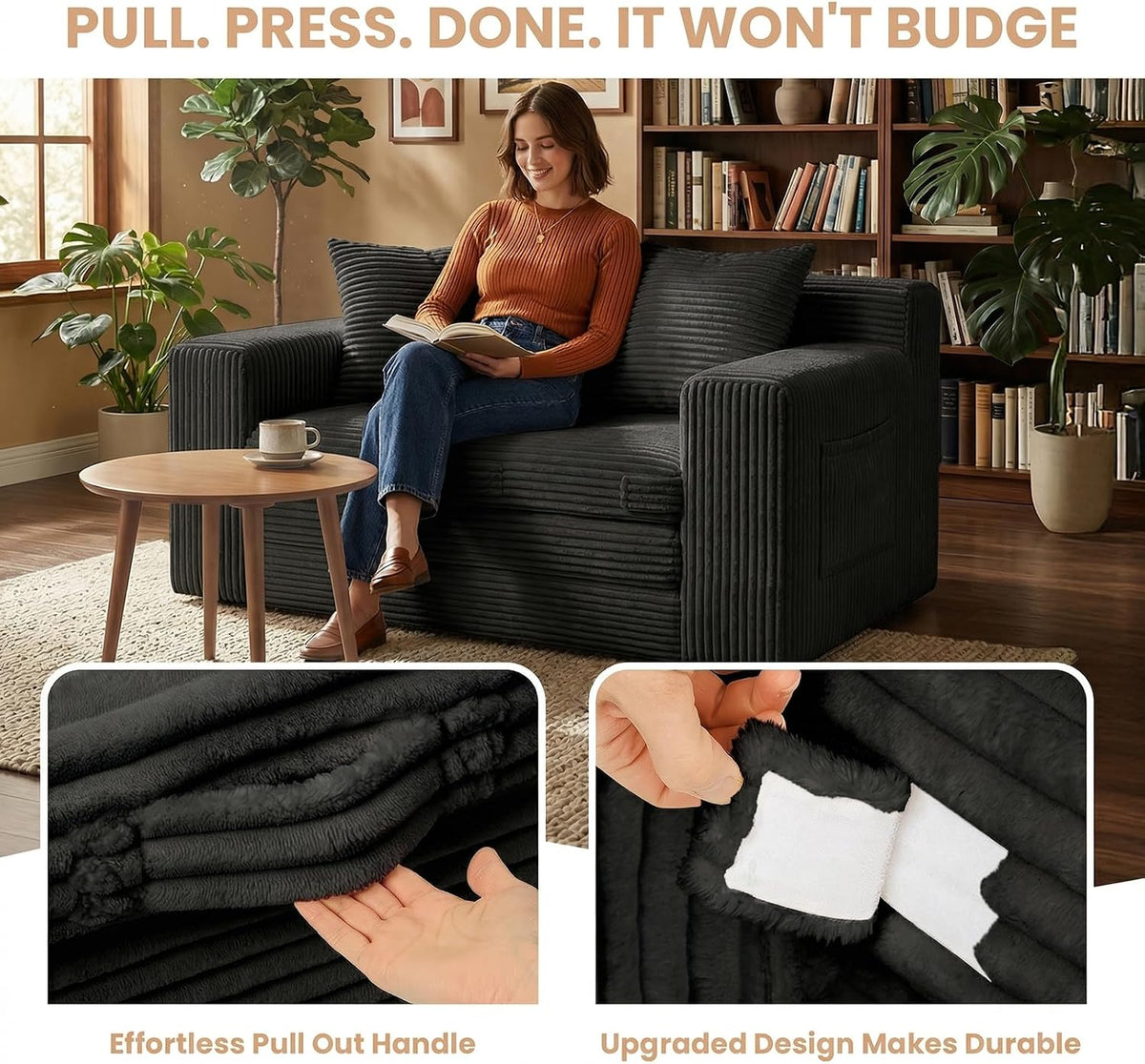 Loveseat Sofa Bed, Tri-Folding Convertible Futon Sleeper with Handle & Side Pockets, 54'' Couch with Hook and Loop No Assembly for Small Space,Living Room & Bedroom