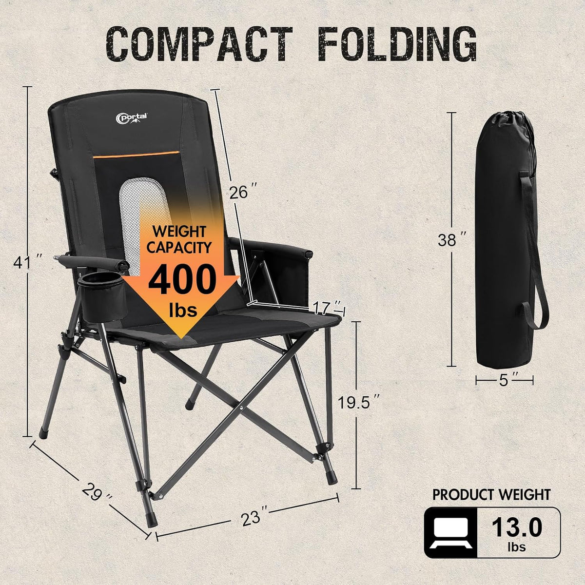 Portal Oversized Folding Camping Chair High Back Portable Lawn Chairs for Adults Outdoor Sports with Hard Armrest Cup Holder，Supports 400LBS, 2P Black