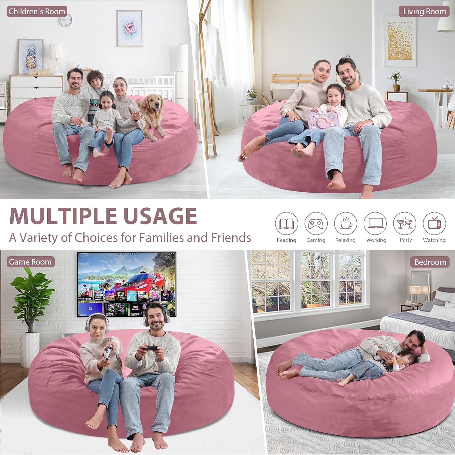 7FT Bean Bag Chair, Large Bean Bag Chairs with Memory Foam Filled, Fluffy Beanbag Sofa with Dutch Velvet Cover, Round BeanBag Chairs for Living Room, Playroom - Dusty Pink