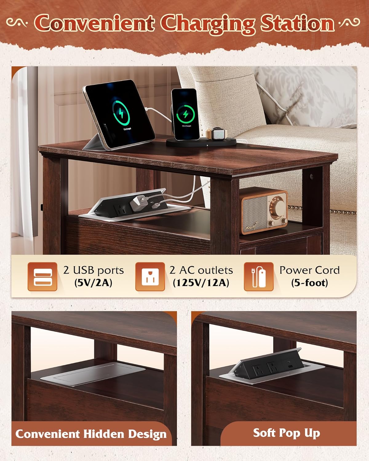 WLIVE Farmhouse End Table with Charging Station, Narrow Side Table with Storage, Small Nightstand with USB Ports and Outlets ，Bedside Cabine for Bedroom, Living Room,Espresso