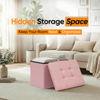 Folding Storage Ottoman, 16.5" Rectangular Footstool with Padded Tufted Lid, Collapsible Storage Footrest for Small Space, Living Room, Bedroom, Dorm, Pink