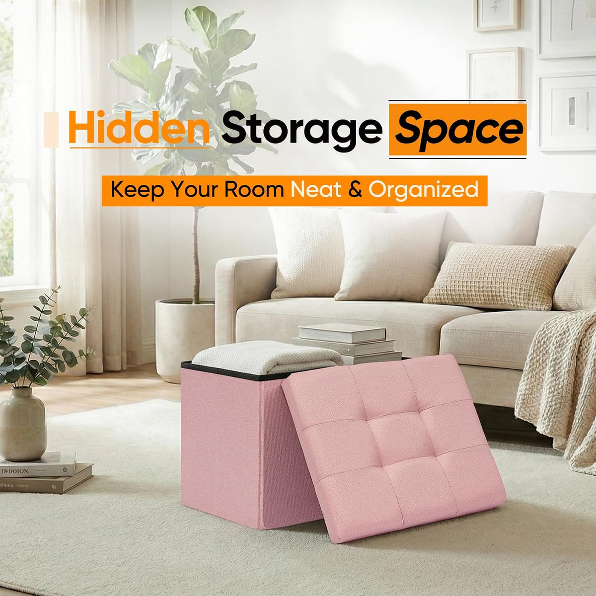 Folding Storage Ottoman, 16.5" Rectangular Footstool with Padded Tufted Lid, Collapsible Storage Footrest for Small Space, Living Room, Bedroom, Dorm, Pink