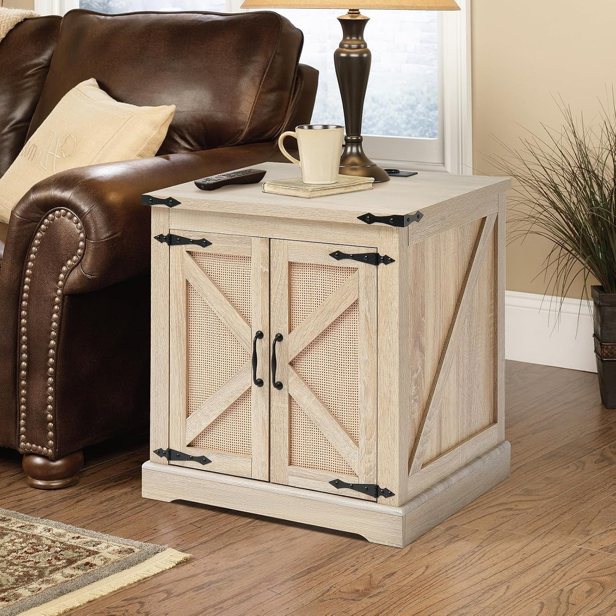VEVOR Farmhouse End Table, Rectangle PE Rattan Woven Wood Coffee Table, 24-Inch Modern Boho Style Storage Coffee Table with Retro Metal Hinges, for Living Room, Bedroom & Small Spaces