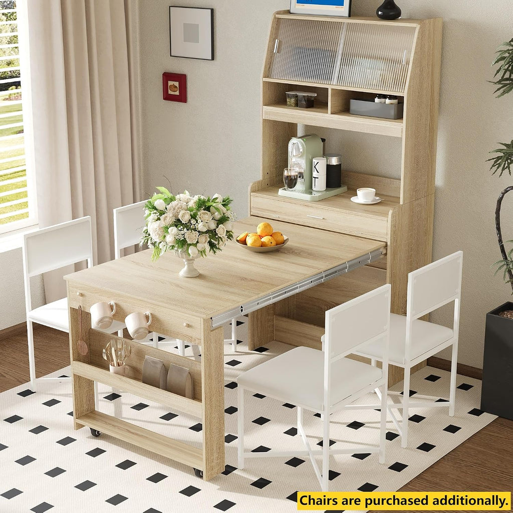 JIJIWANG Compact 33.5x15.7x69inch Buffet with Hutch and Foldable Dining Table, Multifunctional Cupboard with Storage Shelf and Side Hooks for Small Places (Natural Oak, 66.1" L x 31.5" W x 69" H)