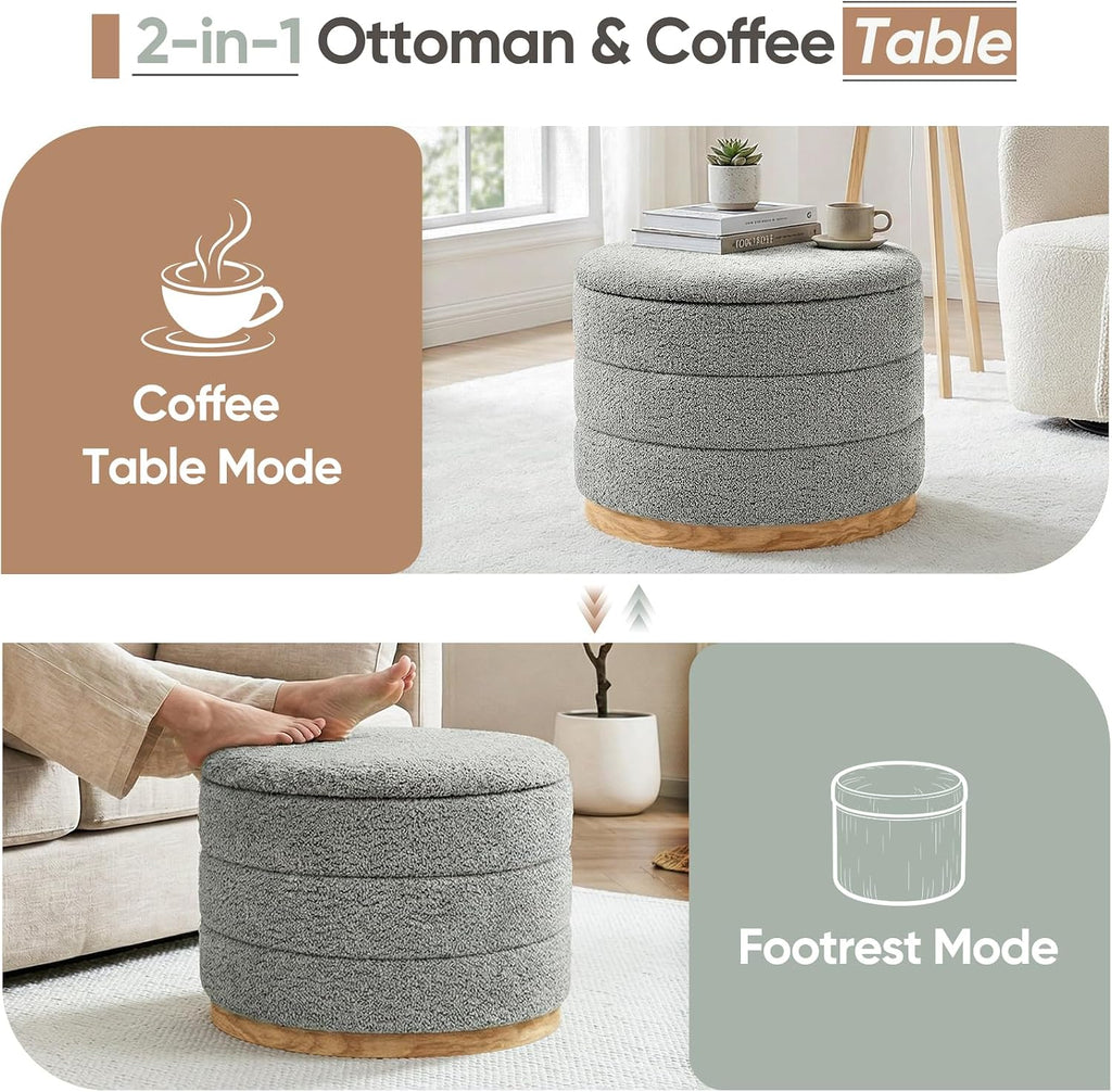 Round Storage Ottoman with Tray Lid, Folding Chenille Fabric Footrest with Hidden Storage, 22.8" Large Footstool Side Table for Dorm Living Room Bedroom, Wood Grain Base, Grey