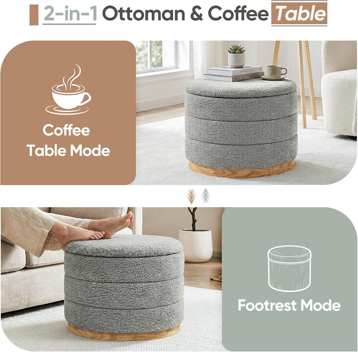 Round Storage Ottoman with Tray Lid, Folding Chenille Fabric Footrest with Hidden Storage, 22.8" Large Footstool Side Table for Dorm Living Room Bedroom, Wood Grain Base, Grey