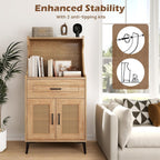 LDAILY Kitchen Pantry Cabinet, Rattan Buffet Cabinet with Hutch, DIY Pegboard, Adjustable Shelf, Drawer, Farmhouse Sideboard Buffet Cabinet with Storage for Coffee Bar, Natural Oak