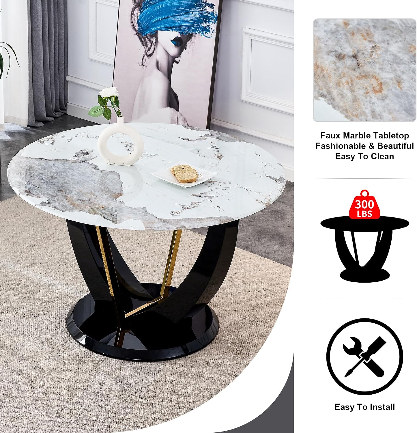 48 Inch Round Dining Table for 4-6, Modern Circle Dining Table with Black & Gold Metal Pedestal Base, Faux Marble Round Kitchen Table, 300 LBS Capacity