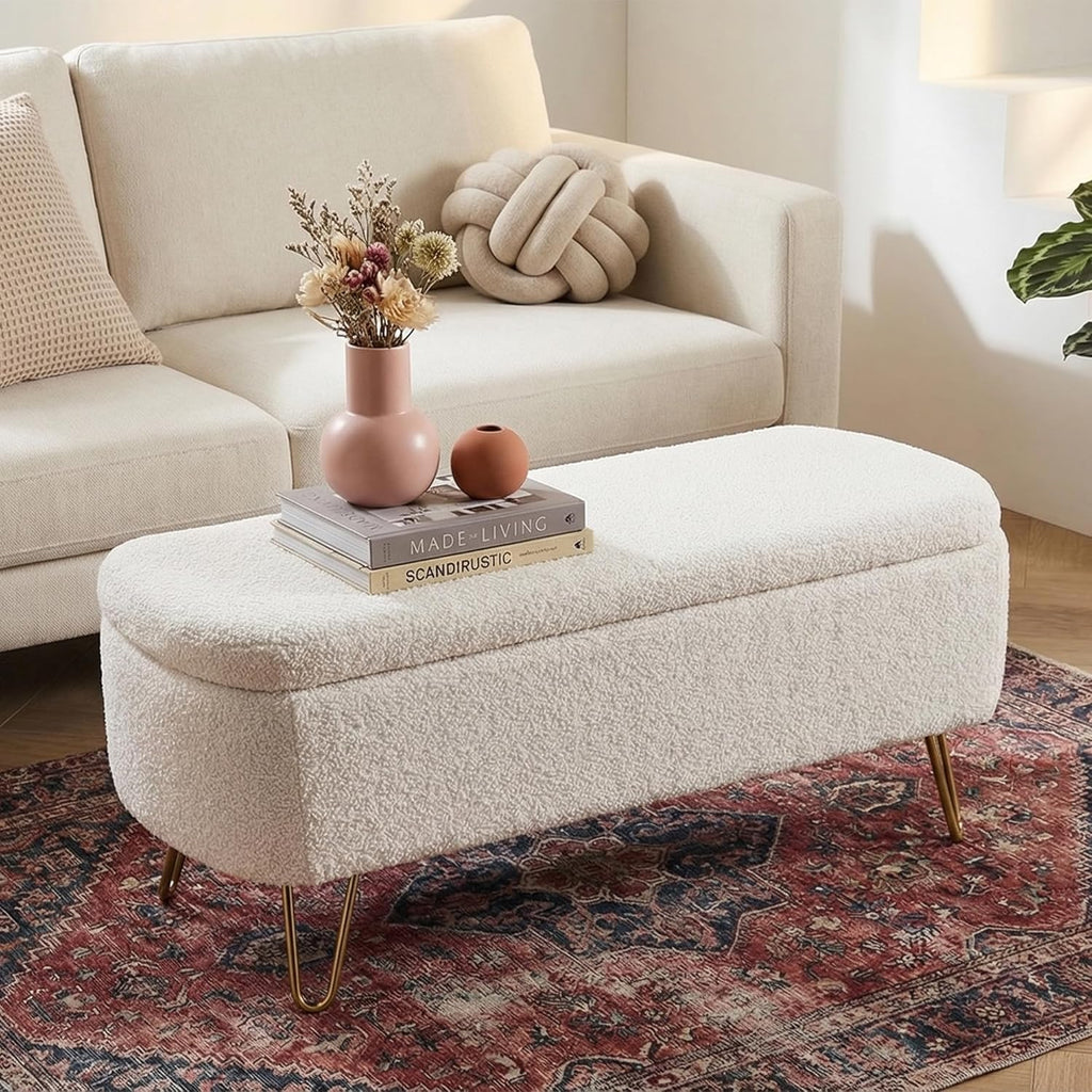 Boucle Storage Bench, Small End of Bed Bench for Bedroom, Entryway Bench with Storage, Sherpa Upholstered Ottoman Foot Rest for Living Room, Gold Legs, Cream