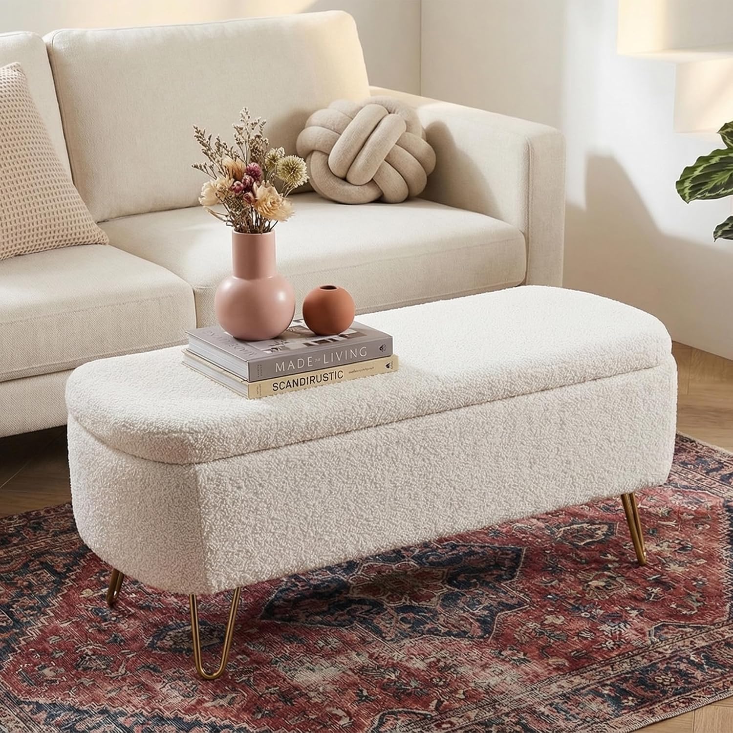 Boucle Storage Bench, Small End of Bed Bench for Bedroom, Entryway Bench with Storage, Sherpa Upholstered Ottoman Foot Rest for Living Room, Gold Legs, Cream