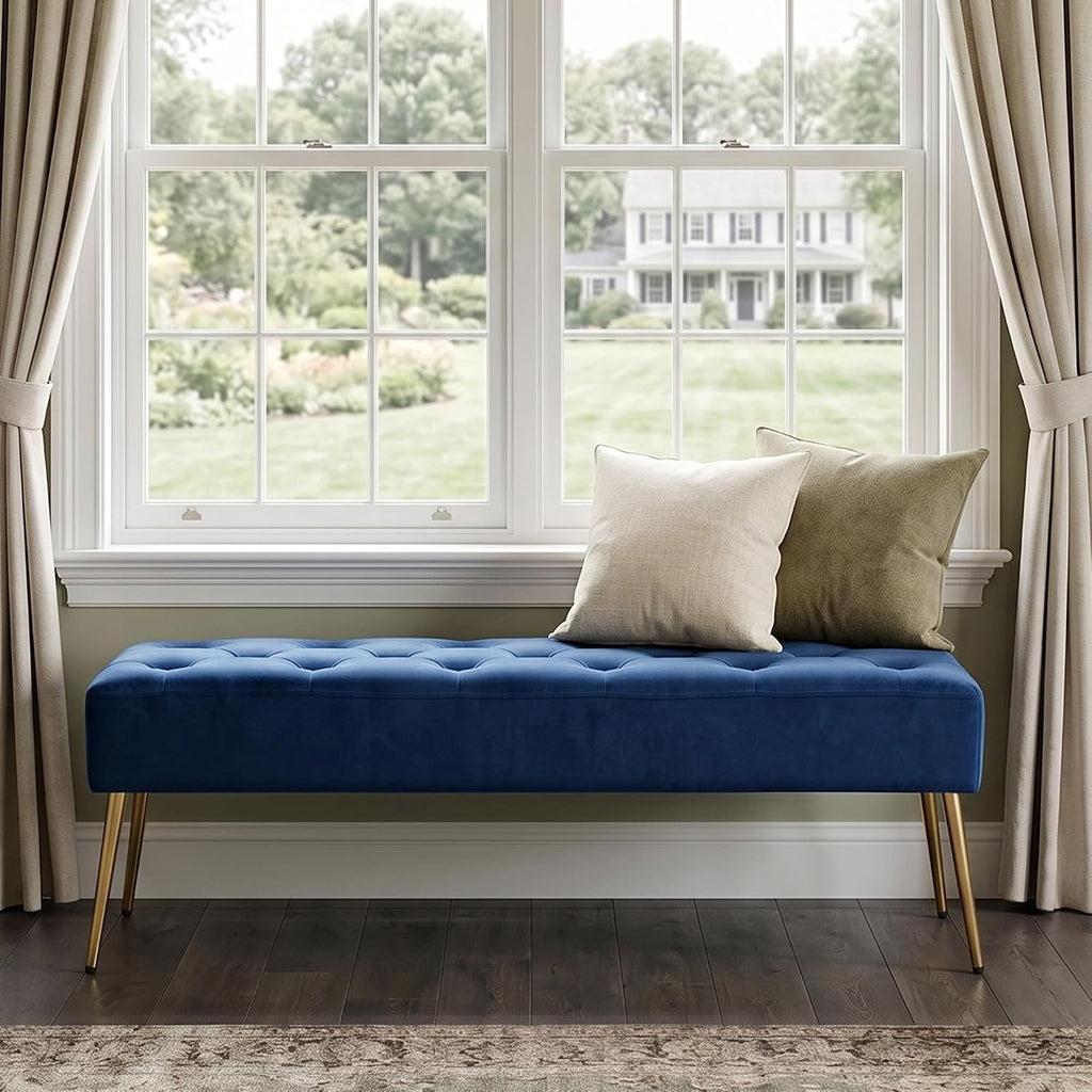 DUHOME Button-Tufted Ottoman Bench, Upholstered Bedroom Benches Velvet Footrest Stool Dining Bench Accent Bench for Entryway Dining Room Living Room Bedroom, Dark Blue