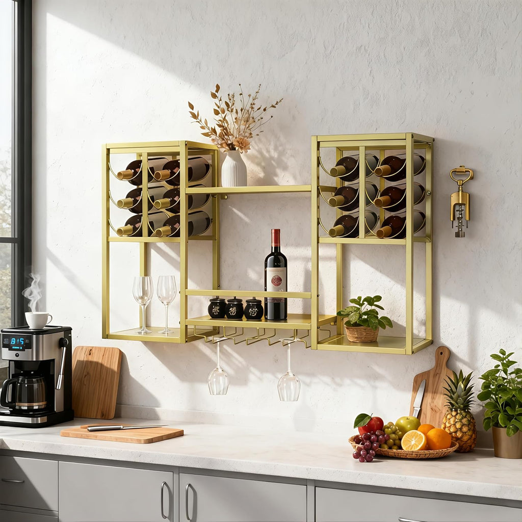 Wall-Mounted Wine Rack Tiered, Bistro Metal Hanging Bar Shelf, Floating Liquor Shelves with Glass Holders for Bars Club Home, Gold