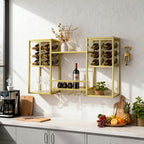 Wall-Mounted Wine Rack Tiered, Bistro Metal Hanging Bar Shelf, Floating Liquor Shelves with Glass Holders for Bars Club Home, Gold