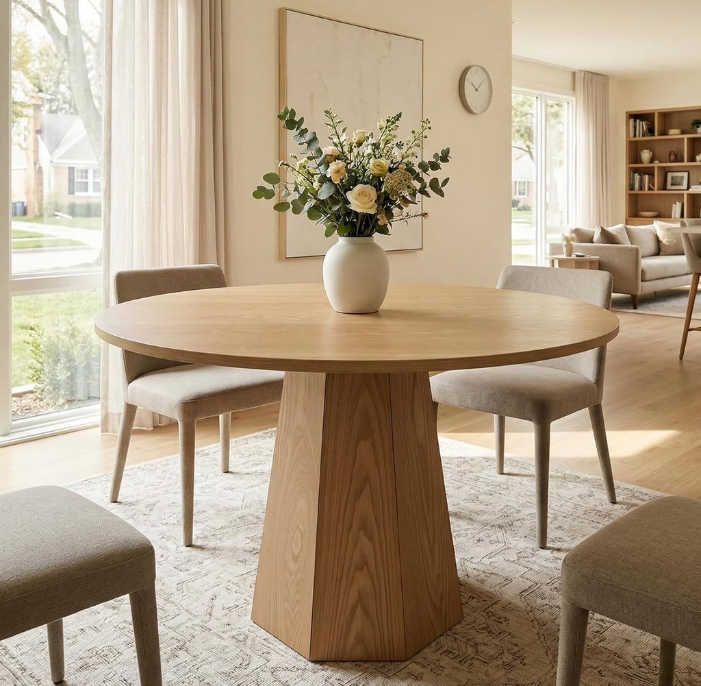 BESTANO 39” Round Solid Wood Dining Table for 4-5 People, Modern Pedestal Dining Kitchen Table, Farmhouse Small Wood Dining Table for Kitchen Easy Assemble, Saving Space, Brown
