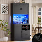 Unikito 72" Tall Kitchen Pantry Cabinet with LED Light & Outlet, Black | Coffee Bar Hutch Unit with Microwave Stand, Wine Rack, Drawers, Storage Shelves Freestanding Cupboard for Dining Room