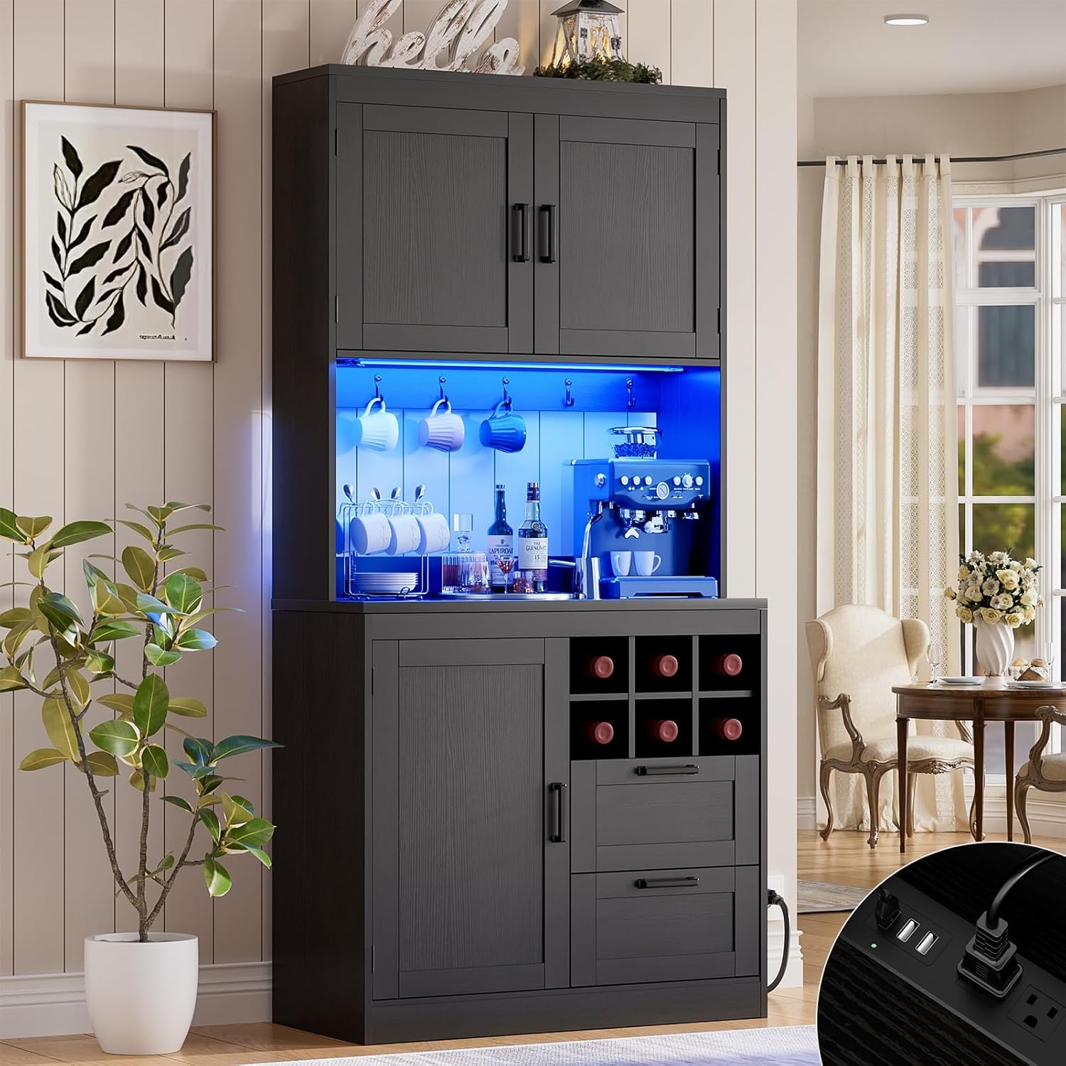 Unikito 72" Tall Kitchen Pantry Cabinet with LED Light & Outlet, Black | Coffee Bar Hutch Unit with Microwave Stand, Wine Rack, Drawers, Storage Shelves Freestanding Cupboard for Dining Room