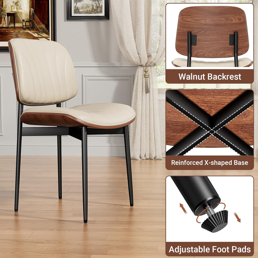 YaFiti Dining Chairs Set of 4, Dining Room and Kitchen Chairs, Mid Century Modern Accent Chair, Upholstered PU Leather Chairs for Vanity with Walnut Bentwood and Metal Legs, Greige