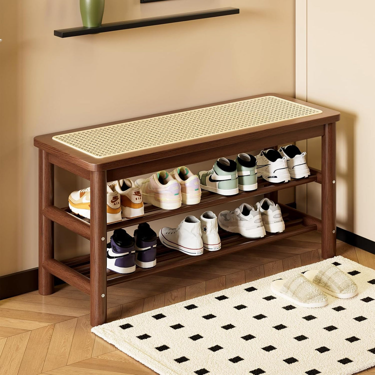 Bamboo Entryway Bench with Woven Rattan Seat, 2-Tier Shoe Storage Bench for Hallway & Entryway 31.5 inches Walnut