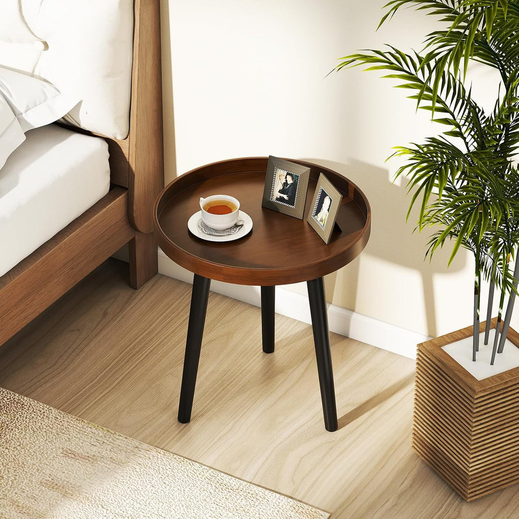 Giantex Round End Table, Mid Century Modern Side Table with Wooden Tray & Bamboo Legs, Sofa Couch Accent Table, Small Coffee Table for Small Space Living Room, Nightstand for Bedroom, Walnut