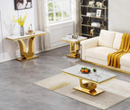 1 Piece Living Room End Table Luxury Faux Marble Sofa Side Table, Modern White Gold End Table with U-Shape Stainless Steel Pedestal Base