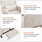 Nursery Rocking Chair, Glider Rocker Indoor with Footrest, Beige | High Back Nursing Chair with Side Pocket, Upholstered Thick Foam Glider Chair with Rubberwood Base for Living Room Bedroom
