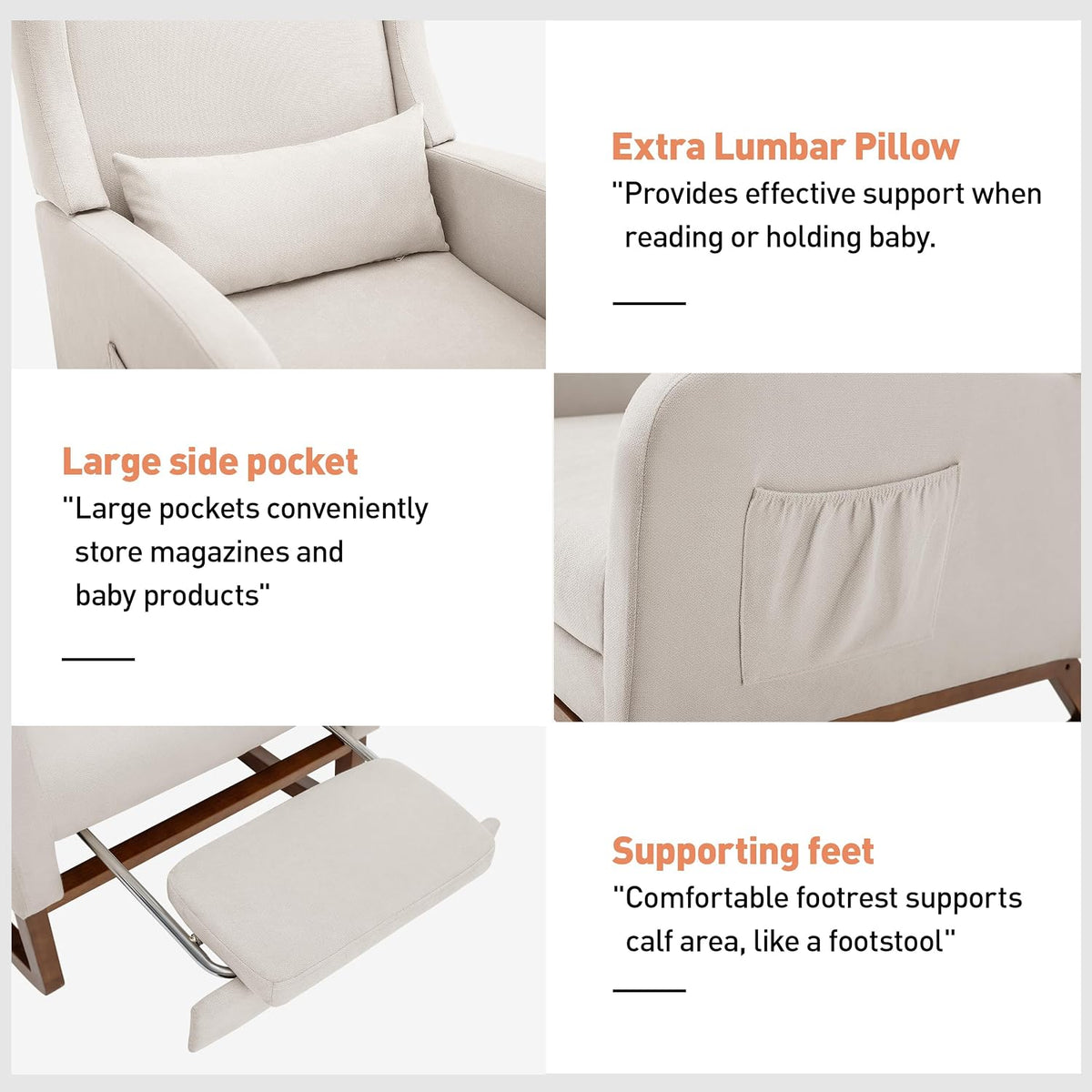 Nursery Rocking Chair, Glider Rocker Indoor with Footrest, Beige | High Back Nursing Chair with Side Pocket, Upholstered Thick Foam Glider Chair with Rubberwood Base for Living Room Bedroom