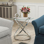 OIOG Glass Round End Table, Modern Contemporary Side Table for Small Space with Tempered Glass Tabletop for Living Room, Chrome Finish