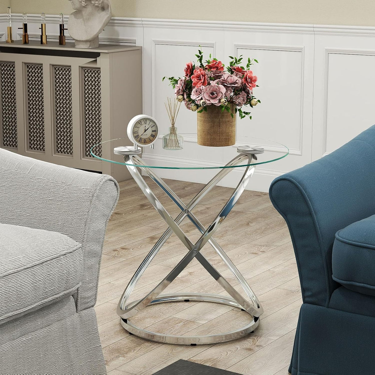 OIOG Glass Round End Table, Modern Contemporary Side Table for Small Space with Tempered Glass Tabletop for Living Room, Chrome Finish