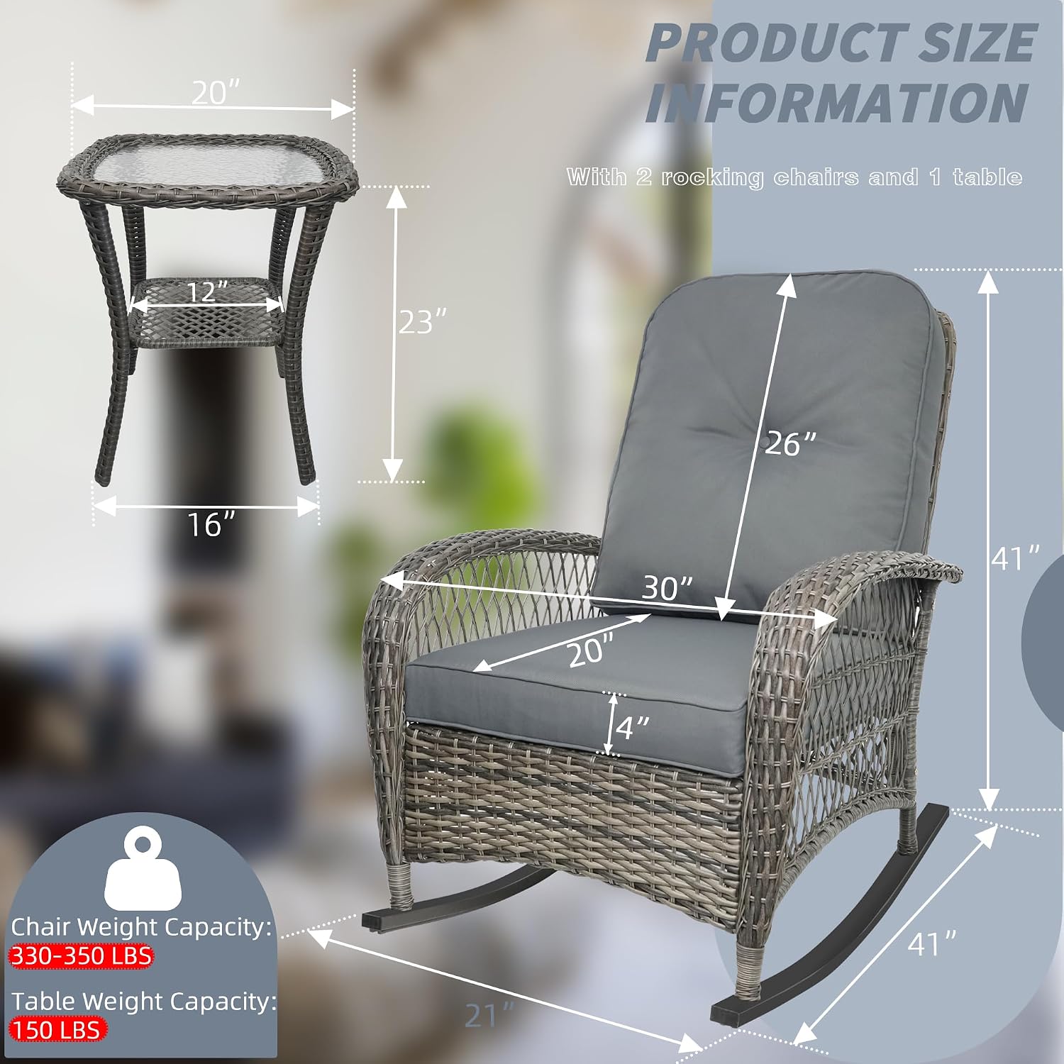 Wicker Rocking Chair, Rattan Patio Rocking Chairs, All-Weather Rocking Lawn Wicker Furniture for Porch Deck Garden Backyard(Grey)，1PC