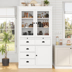 72" H Kitchen Pantry with Glass Doors, Wooden Freestanding Display Storage Cabinet with 5 Drawers and Serving Trays, Large Cupboard with Adjustable Shelves for Kitchen, Dining Room, White