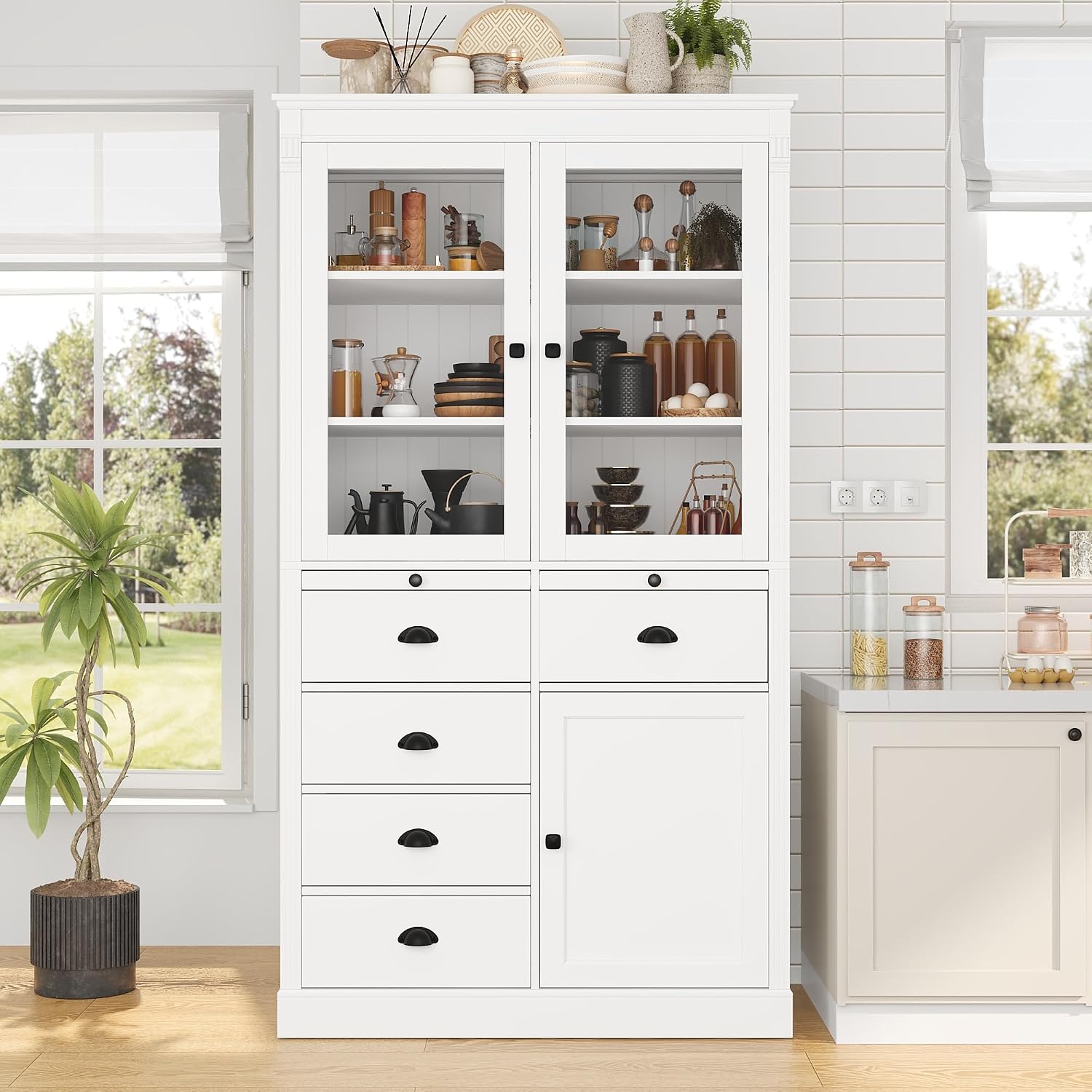 roomfitters 72" Kitchen Pantry Organizers and Storage Kitchen Cabinet, Storage Hutch with Glass Doors, 5 Drawers, White