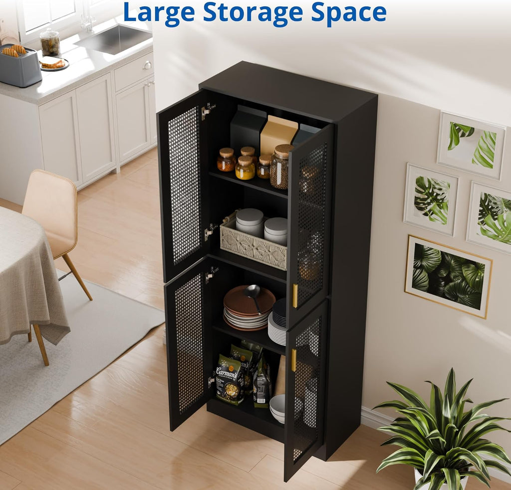 Cozy Castle Kitchen Pantry Cabinet, 71" Tall Rattan Doors Storage Cabinet and Adjustable Shelves, Modern Farmhouse Wood Cupboard Utility Hutch for Kitchen, Dining Room, Living Room (Black)