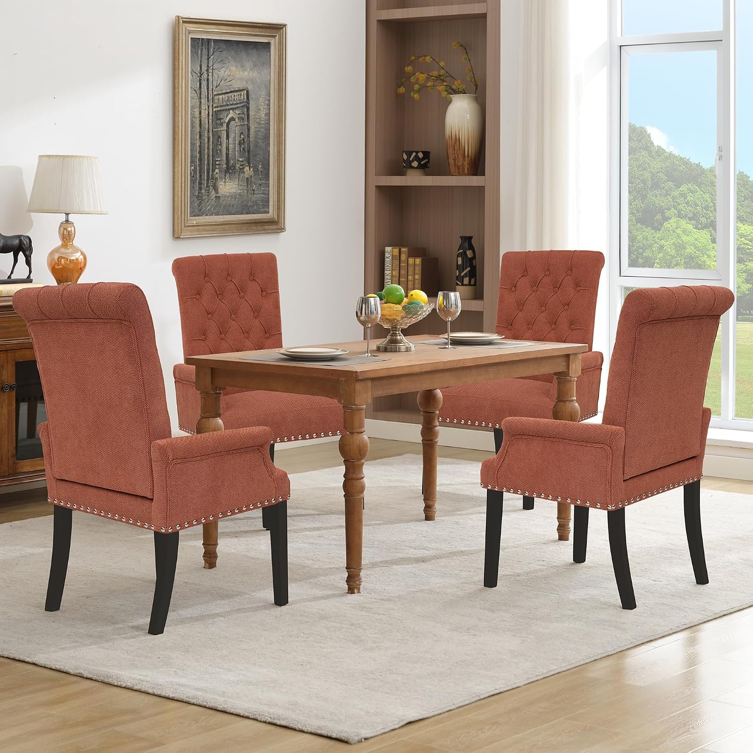adochr Dining Chairs with Arms,Linen High Back Dining Room Chairs, Orange | Upholstered Accent Armchair with Solid Wood Legs & Nailhead Trim for Kitchen Living Room, 500 LBS Capacity