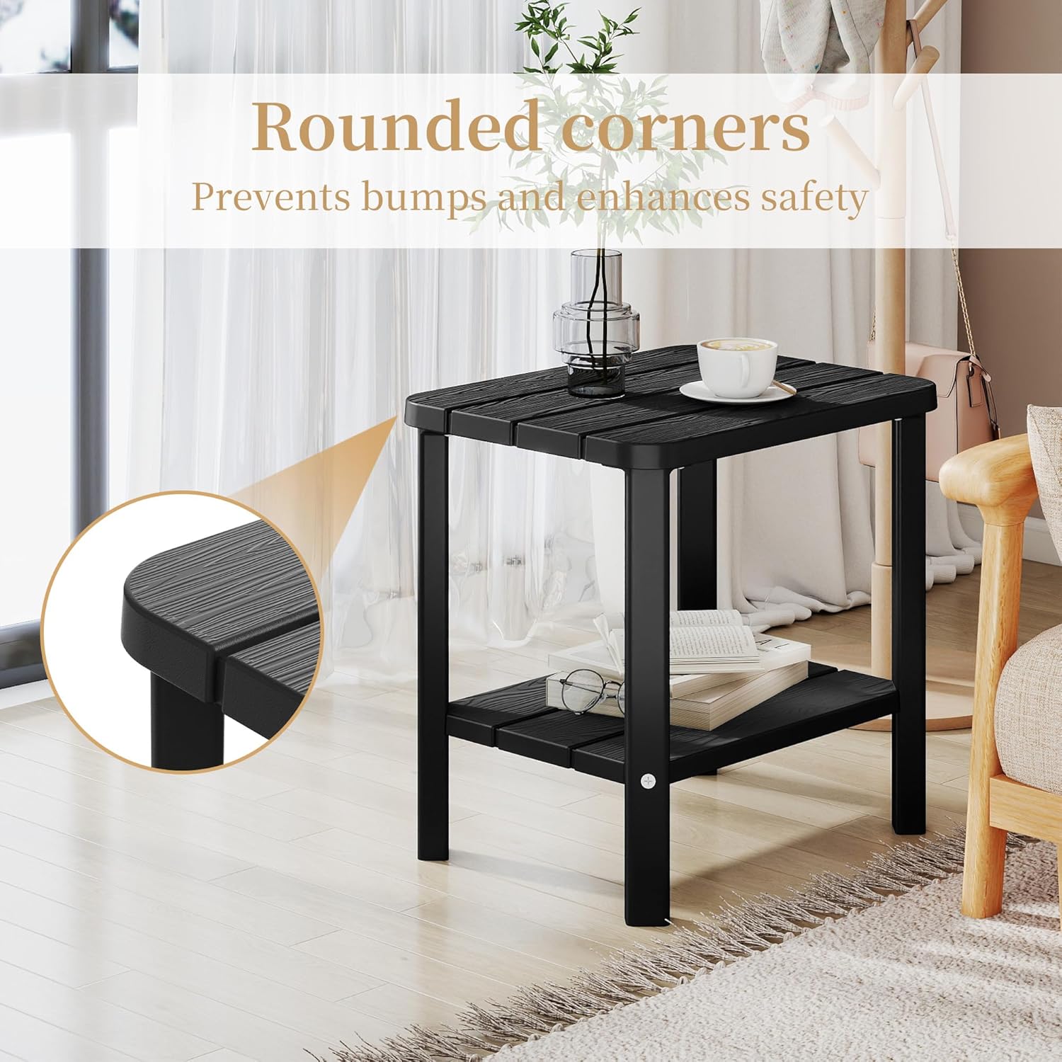 PatioZen Coffee Table Small Outdoor Side Table Weather-Resistant & Easy Assemblyr Patio Furniture,Resin Porch Table for Porch, Balcony, Indoor & Outdoor Use(Black)