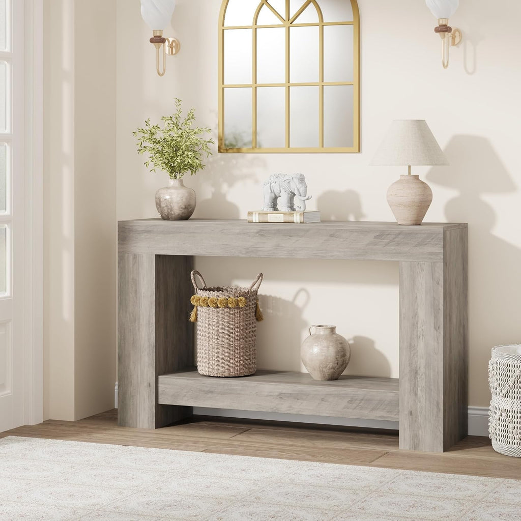 Garvee 47" Farmhouse 2-Tier Console Table for Entryway, Grey | Sofa Table with Storage, Sturdy U-Shaped Base, Long Entryway Table for Living Room, Easy Assembly