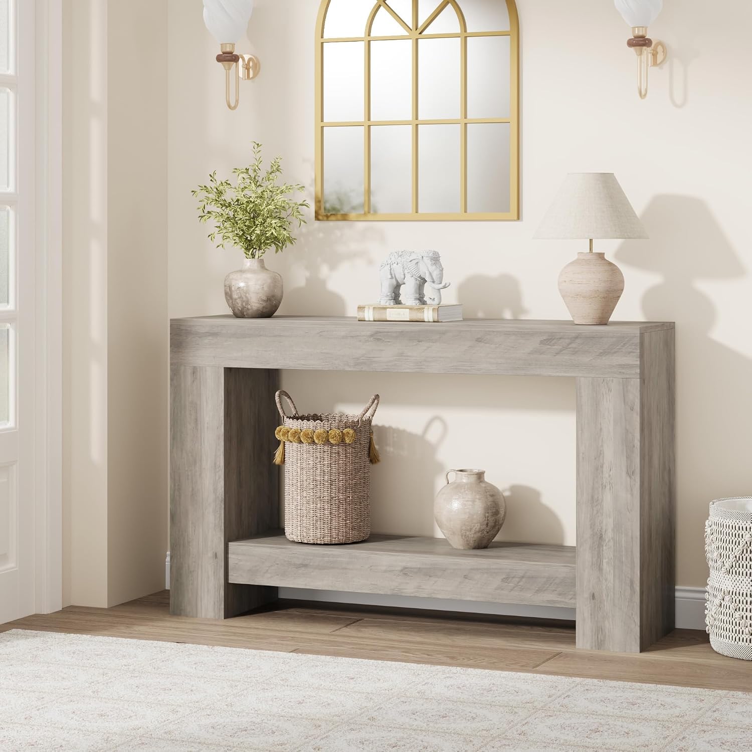 Garvee 47" Farmhouse 2-Tier Console Table for Entryway, Grey | Sofa Table with Storage, Sturdy U-Shaped Base, Long Entryway Table for Living Room, Easy Assembly