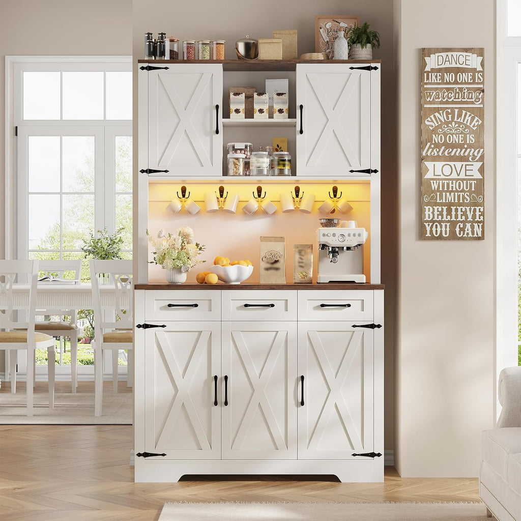 70.9" Tall Kitchen Pantry Cabinet with LED Light & Charging Station, Farmhouse Kitchen Hutch with Large Countertop & 10 Hooks, Kitchen Cabinet Storage with Drawers for Living Room, Dining Room, White